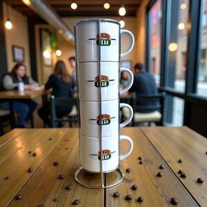 FRIENDS TV Show Central Perk Coffee Cup 4 Stackable Mug Set & Chrome Metal Stand